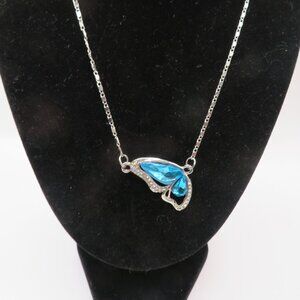 Silver Tone Butterfly Necklace Blue Rhinestone